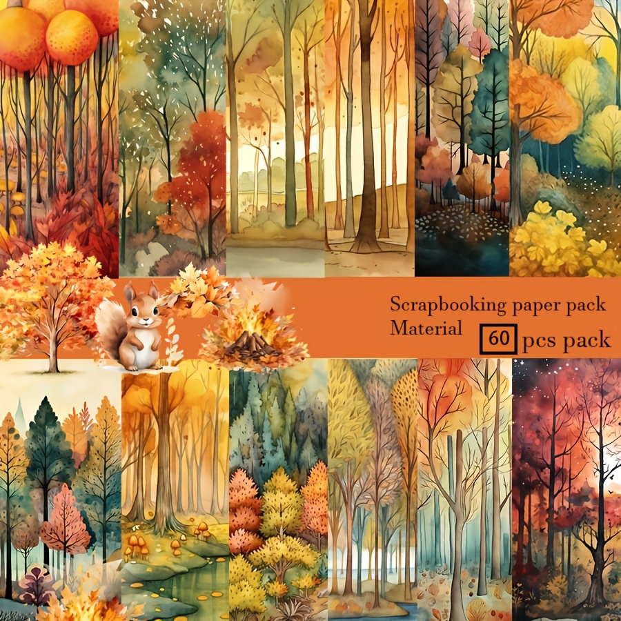 Image of 60pcs Background Paper And Sticker Set Cozy Autumn Theme With Fall Forest For Flag, Bottle, Album Decor, Greeting Card, Scrapbooking, Paper Craft, Junk Journal, Backgroud Pad