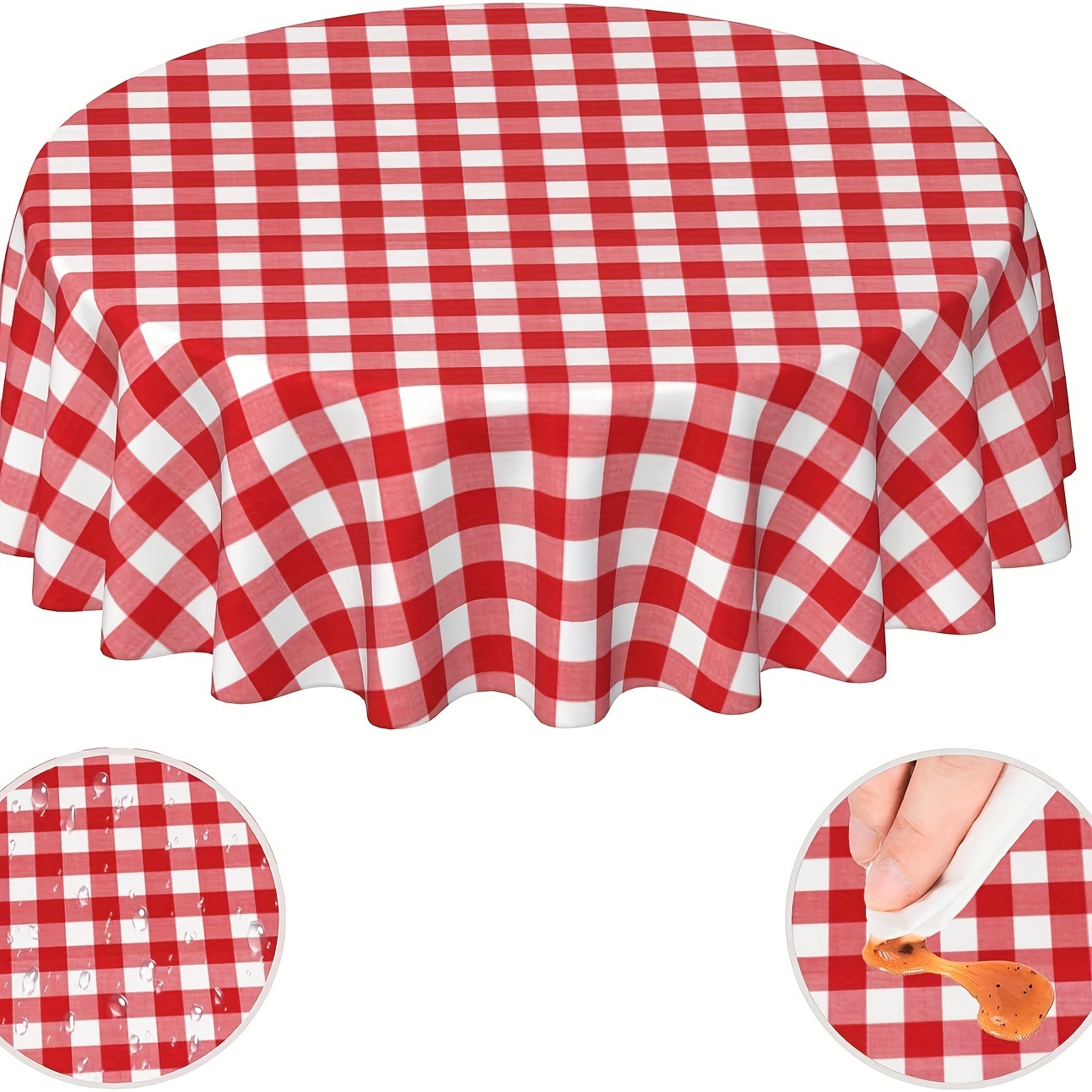 

Vinyl Round Tablecloth, Easy Clean Waterproof Oil-resistant Flannel Backed Table Cover For Dinner, Kitchen, Picnic, Outdoor Patio - Red And White Checkered Pattern, Machine Made Weave