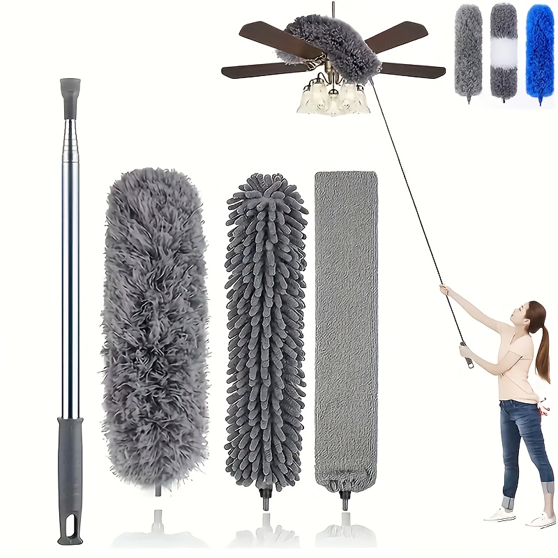TEMU Microfiber Duster With 254.0cm Telescopic Extension Pole Kit For High Ceilings, Cleaning Fan Webs, Reusable And Washable Lightweight Ceiling Fan Nets, Blinds