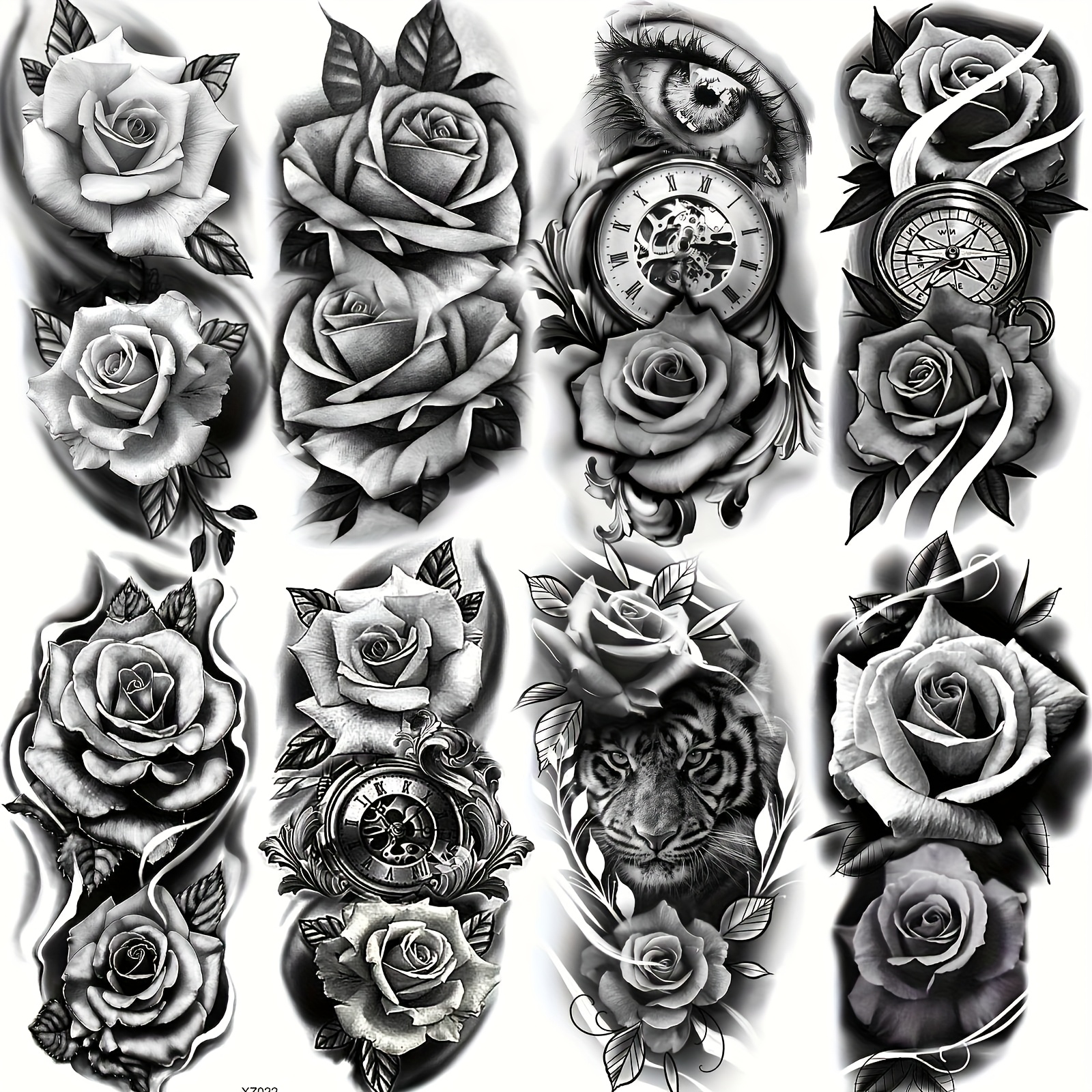 Image of 8 Sheets Black Rose Temporary Tattoos For Women Men Arm Thigh Legs Forearm, Realistic Waterproof Fake Tattoo Stickers, Long Lasting Temp Half Arm Tattoos For Adults