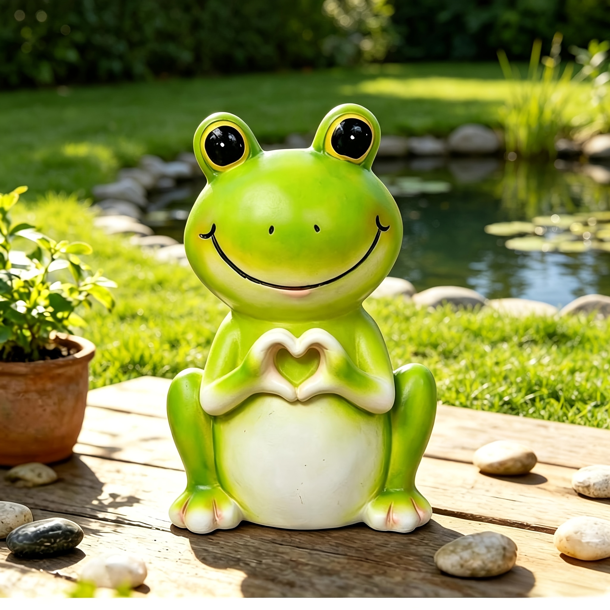 TEMU Mini Figurine de Grenouille Verte Souriante aux Mains de Cœur - Statue de Jardin en Résine Imperméable pour Patio, Pelouse, Étang, Balcon, Cour