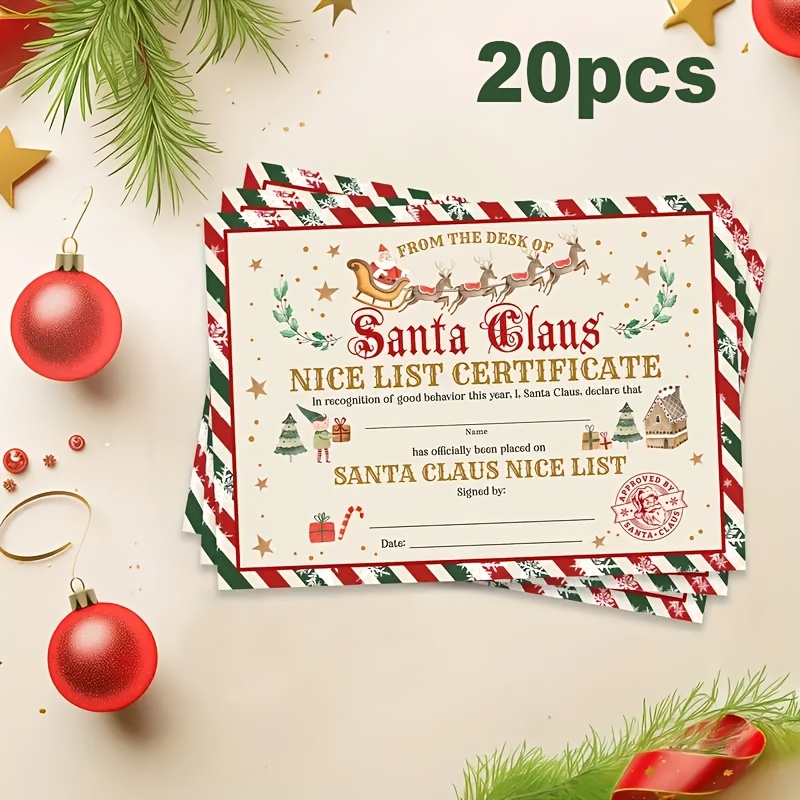 TEMU 20pcs Vintage Santa Sleigh Decor Greeting Cards, Santa Claus Certificate Of - Christmas Gift Cards, Elegant Beige And Red Striped Design, Golden