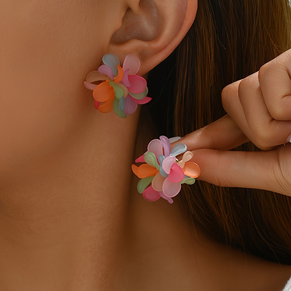 Image of Bohemian Style Summer Floral Heart-shaped Pendant Earrings - Colorful Acrylic Petals, Mixed Colors, Stainless Steel Earrings, Suitable For Casual Dresses, Daily Matching