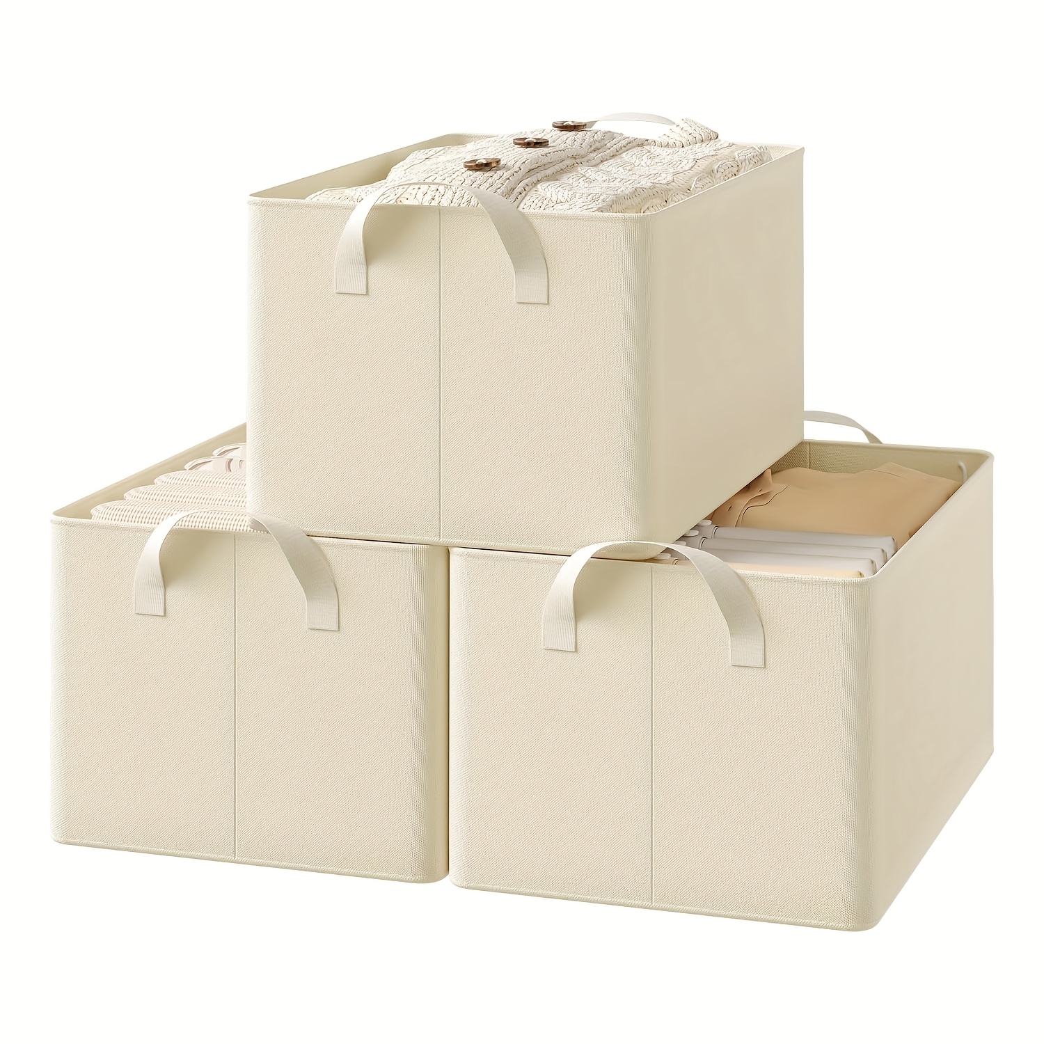 Set Of 3 Lid-style Storage Boxes, Fabric Containers, Foldable Storage Bins, Suitable For Living Room, Bedroom, Study, Versatile Use, In Sizes, Cream Color