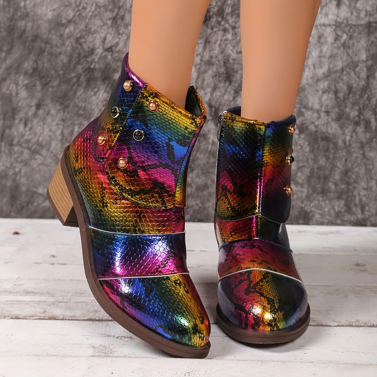 Women's Retro Iridescent Ankle Boots with Chunky Heel Fashionable Pointed  Toe, Side Zipper, Rubber Sole Short Boots for