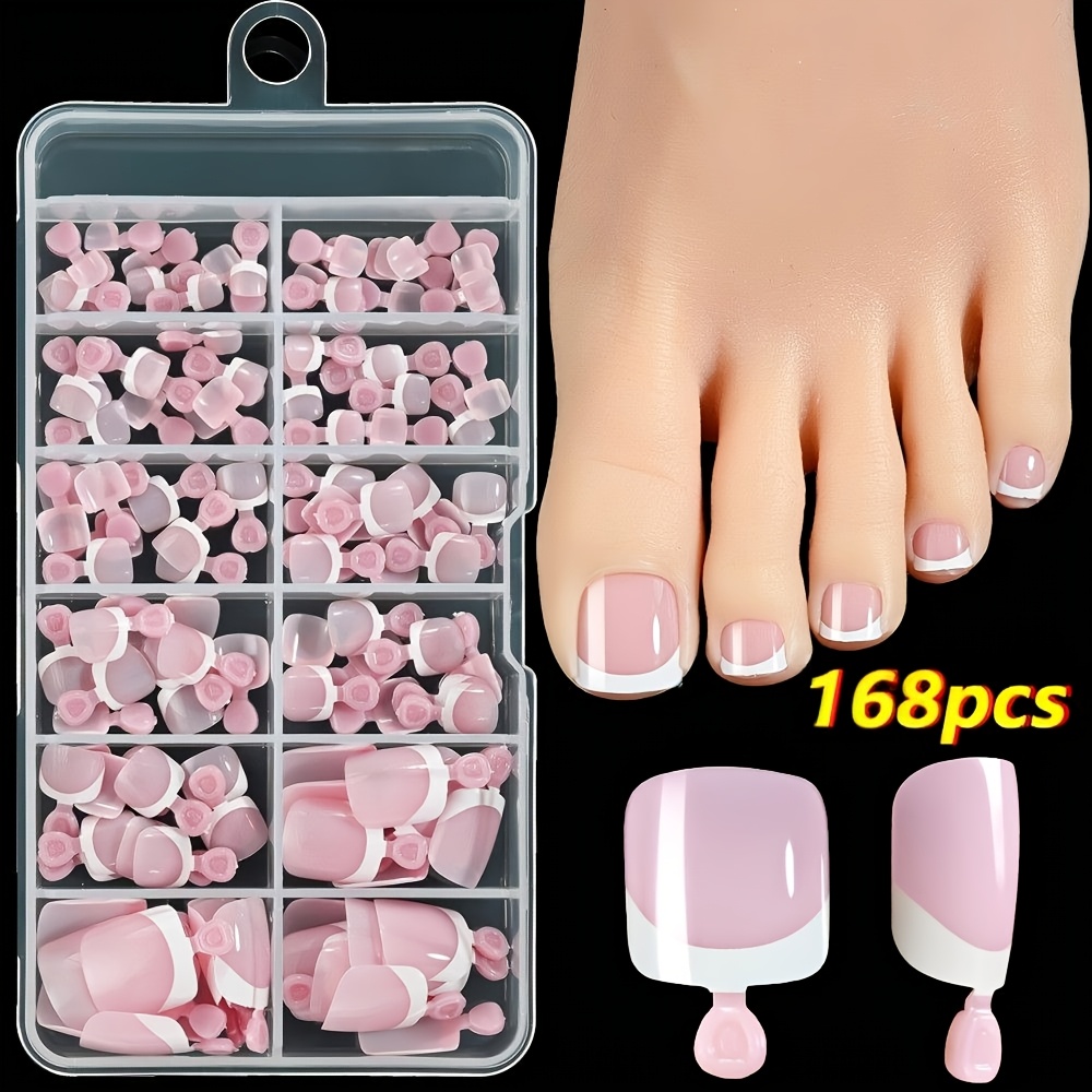 TEMU 168 pz/Scatola Unghie Finte per Piedi a Pressione, Copertura Completa Rosa con Punte Bianche a Punta Stile Francese, Set per Feste Estive in