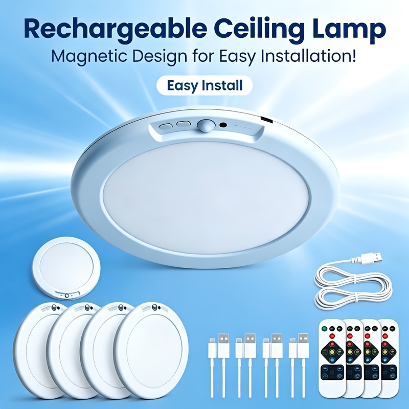 TEMU Magnetic Ceiling Light Led Closet Lamp, Remote Control Dimmable Under Cabinet Lighting, Usb Rechargeable Wireless Night Light No Drilling, For