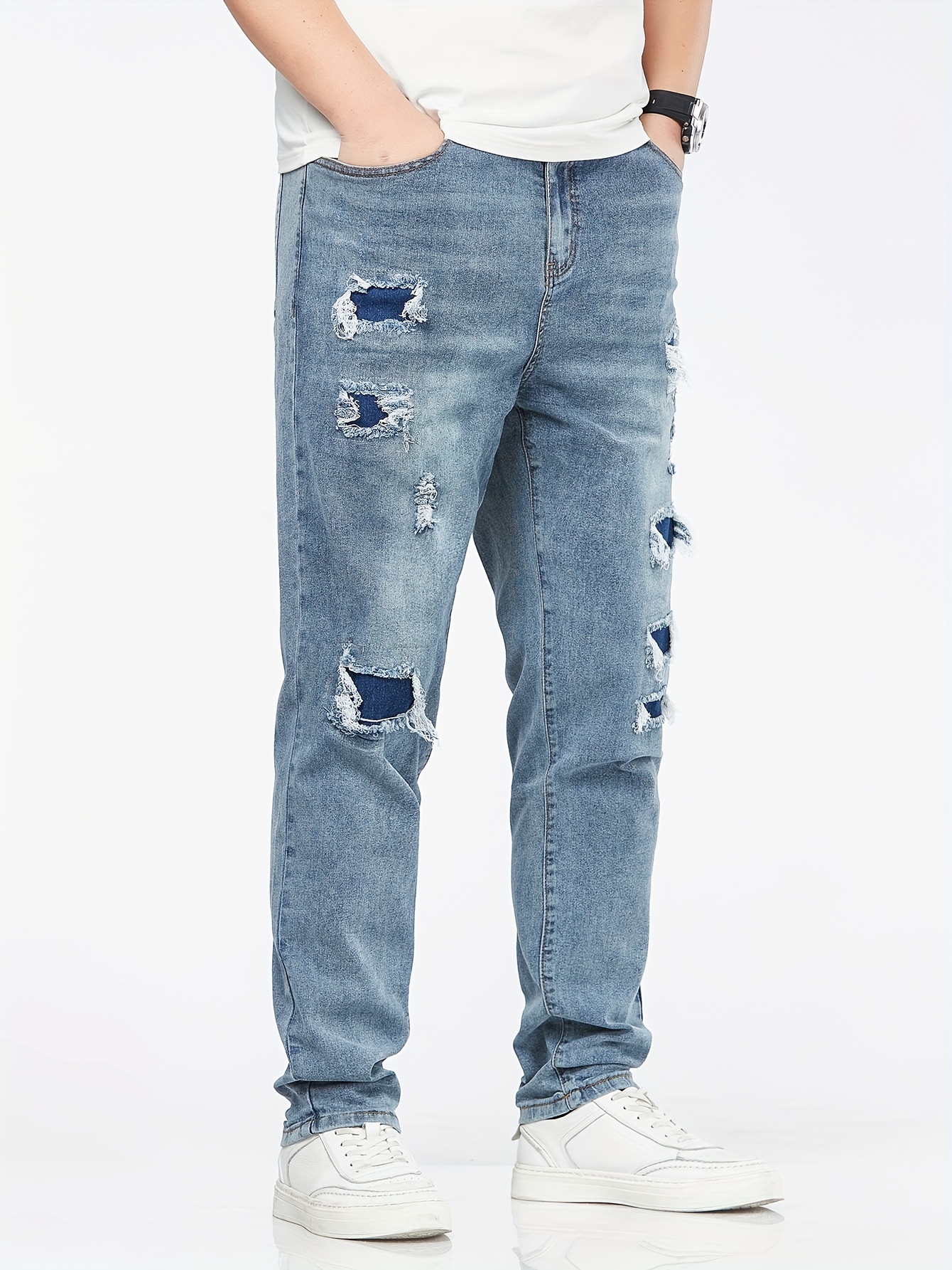 1pc Men'S Plus Size Denim Jeans, Casual Skinny Fit with Pockets, All-Season Solid Color, Medium Stretch Woven Fabric, Ripped Design