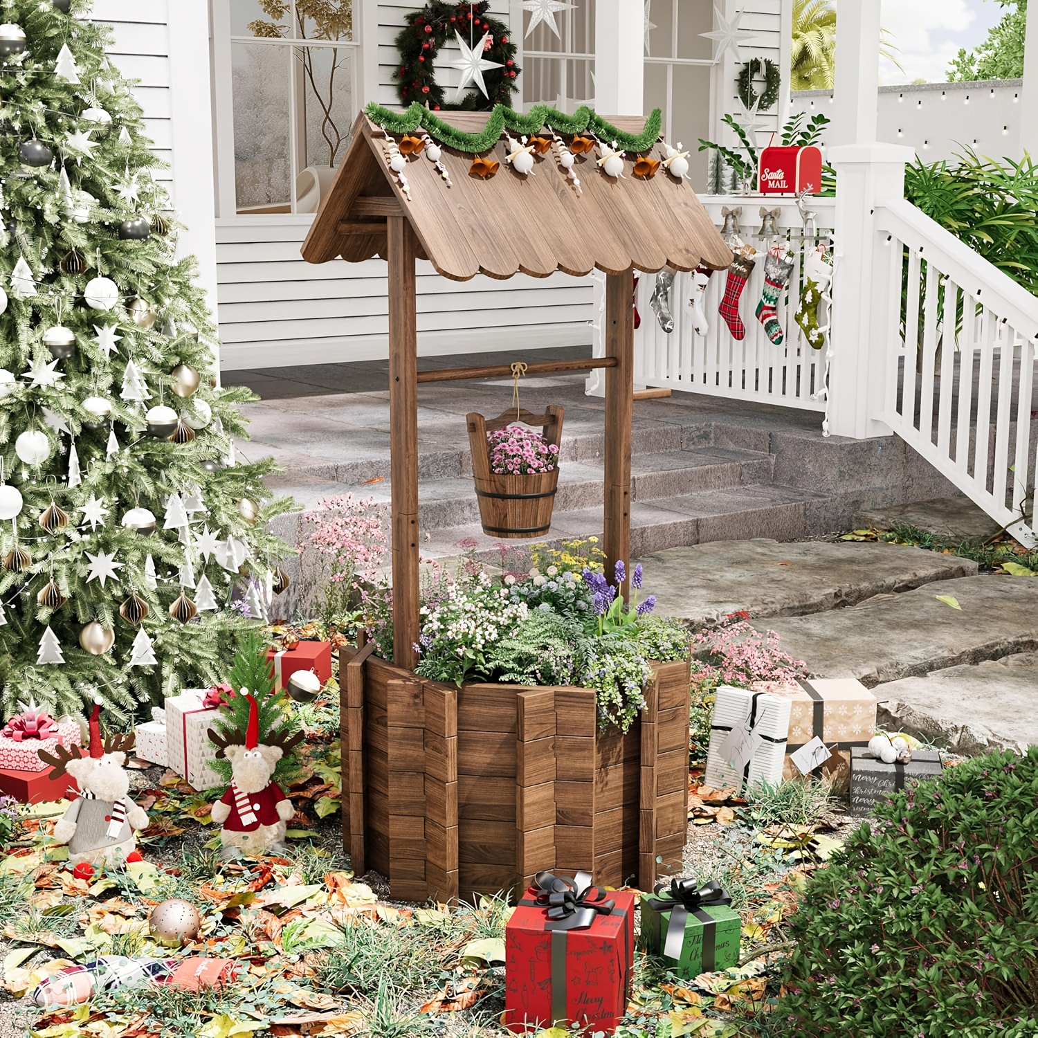 TEMU Jardinière Fontaine des Vœux en Bois | Améliorée avec 4 Tiges Renforcées et Seau Suspendu, Résistante aux Intempéries, Idéale pour Décoration de