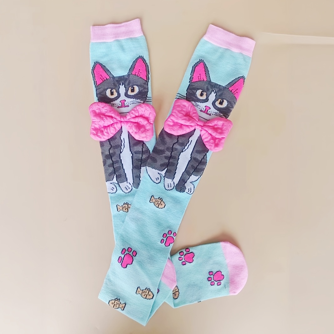 1 Paar Meisjes Over-de-Knie Sokken met Schattig Kattenontwerp & Roze Strikjes - Levendige Roze Polyester Sokken voor Alle Seizoenen