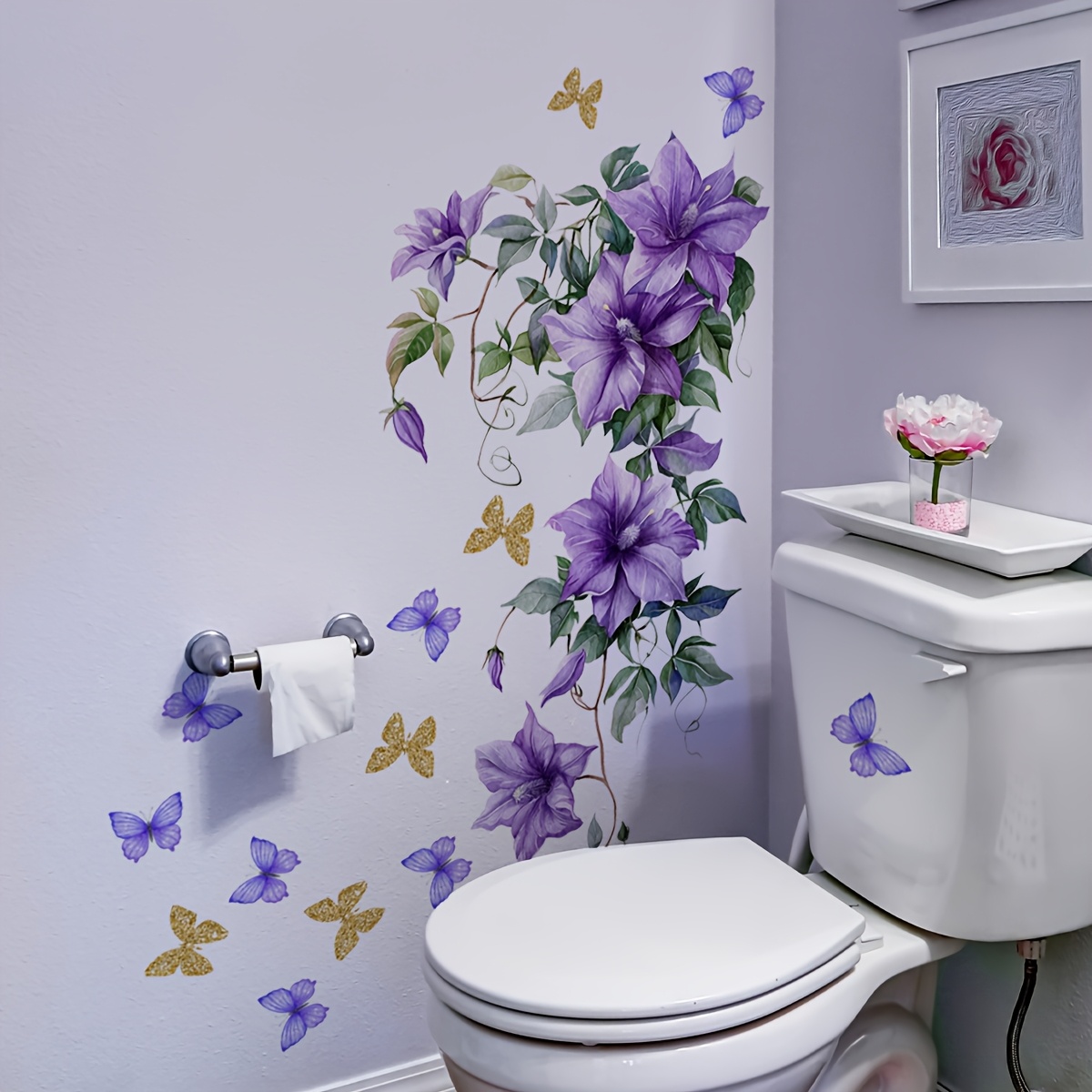 

Purple Floral & Butterfly Self-adhesive Wall Decals, 12"x24", Pvc Bathroom And Cabinet Decor Stickers