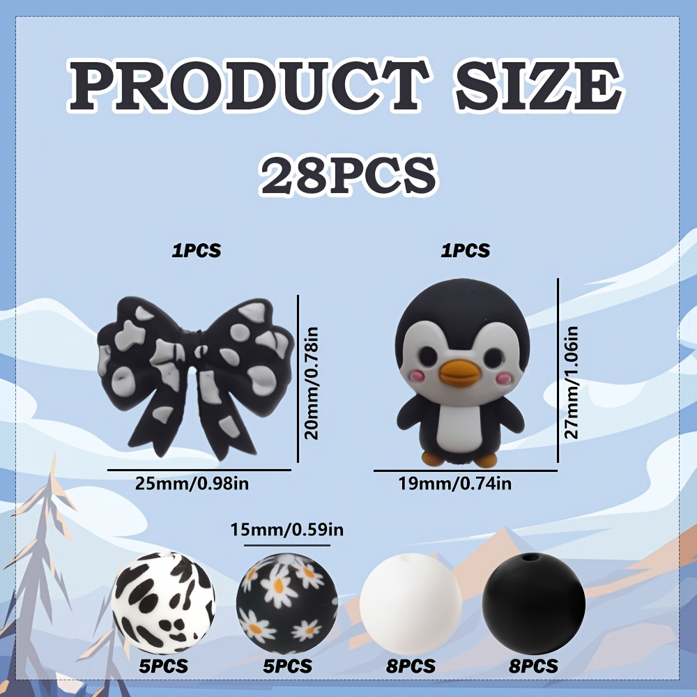 TEMU 28-teiliges Silikon-Perlen-Pinguin-Set mit gepunkteten Schleifen, runden Blumenperlen, schwarz-weißer Schleife einfachen Vintage-Elementen.