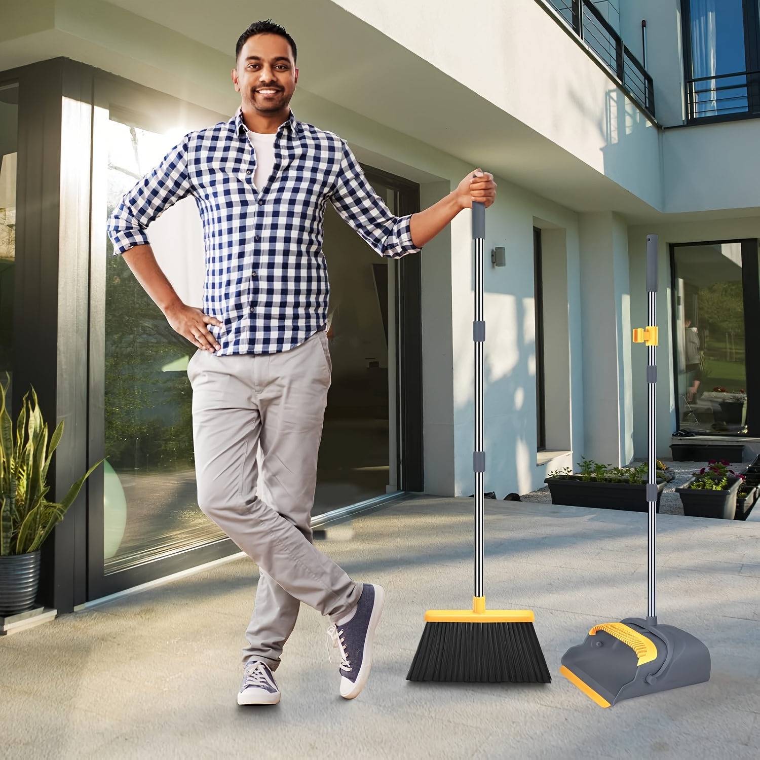   local broom and dustpan set for home broom and dustpan set broom dustpan set broom and dustpan combo for office indoor outdoor sweeping stand up broom and dustpan gray yellow Product details 7