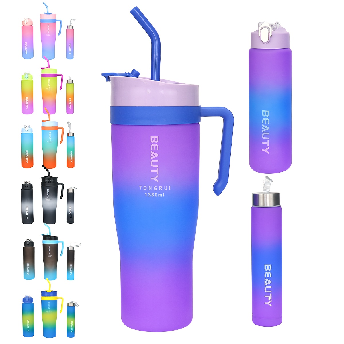 TEMU 3pcs Gradient Plastic Water Cup Set, 1380ml/46.6oz, 800ml/27.05oz, 280ml/9oz Leak-proof Portable Sports Large-capacity Straw Cups, Suitable For