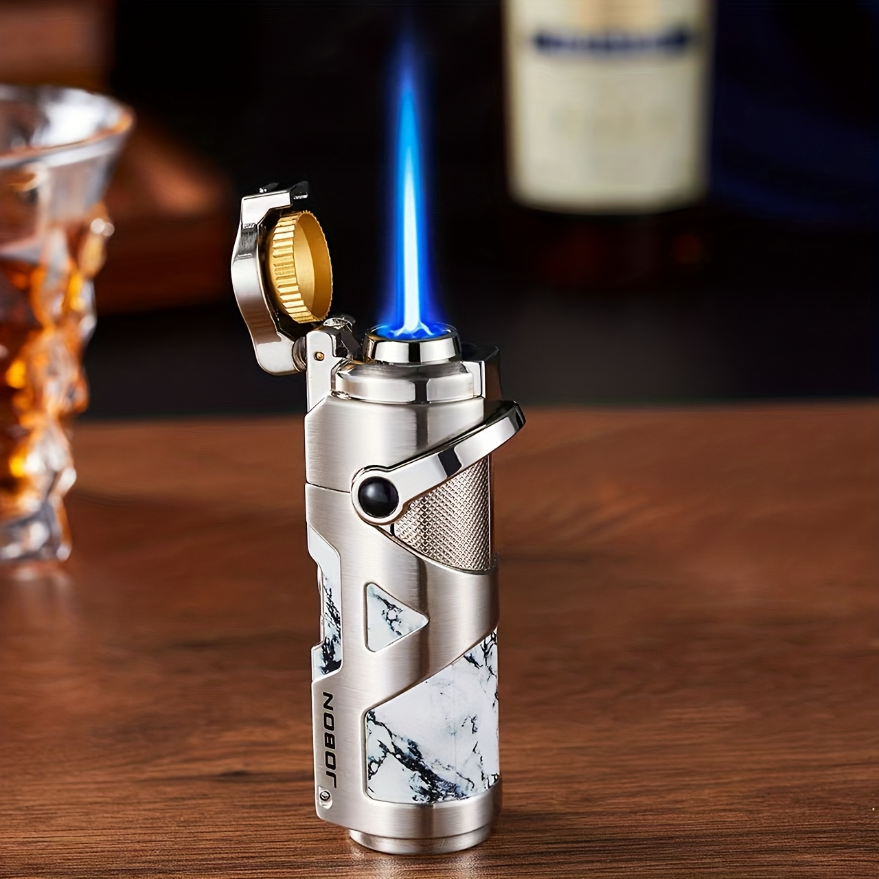 E-shop (Butan nicht enthalten) 3-in-1 Metallfeuerzeug, fortschrittliches Technologie-Linien-Design, windfestes, nachfüllbares Butan-Jet-Feuerzeug mit