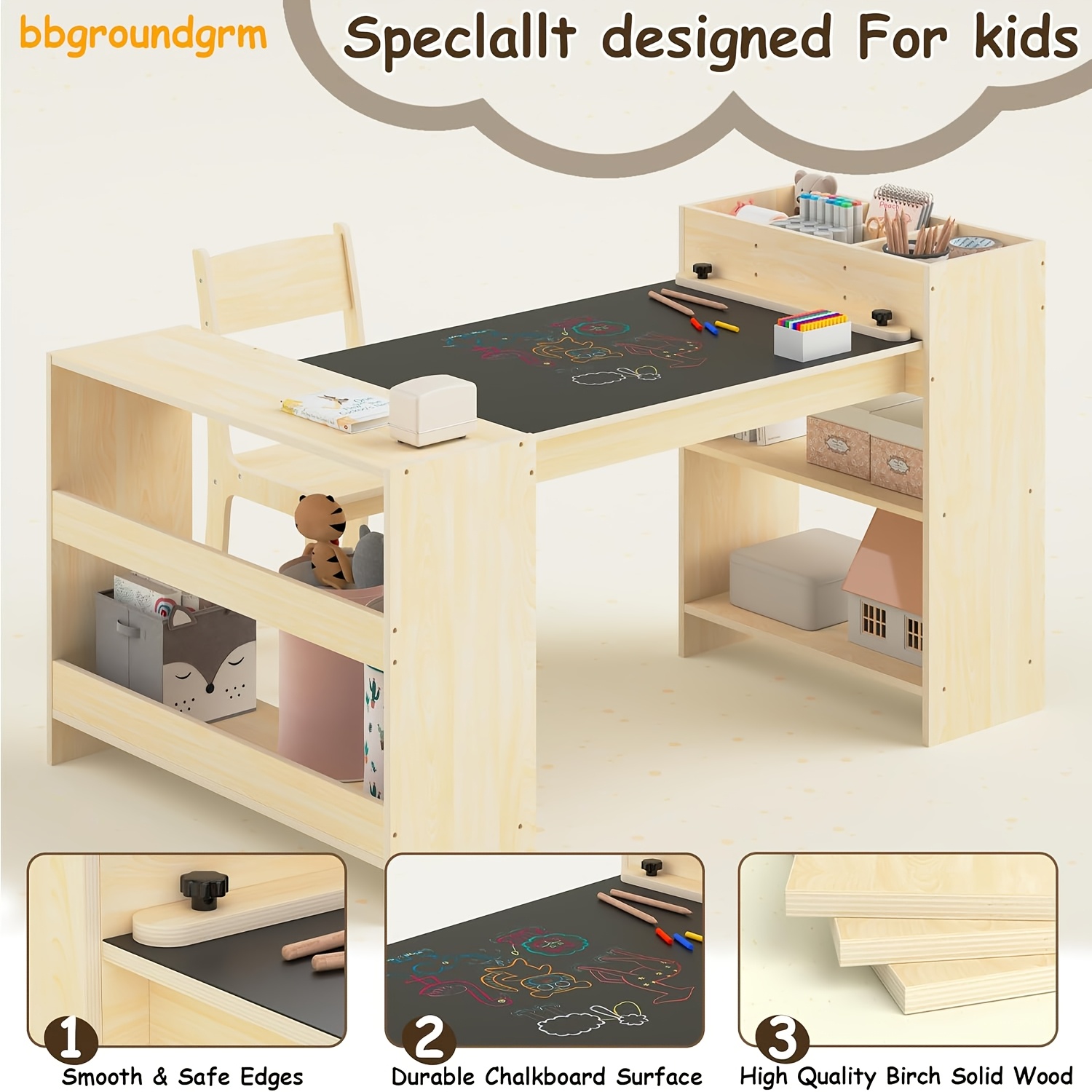 Kids Art Table and Chair Set with Storage Shelf - Height-Adjustable Heavy-Duty Pine Craft Table for Toddlers, Activity Desk for Painting, Learning, Reading - Assembly for Daycare (