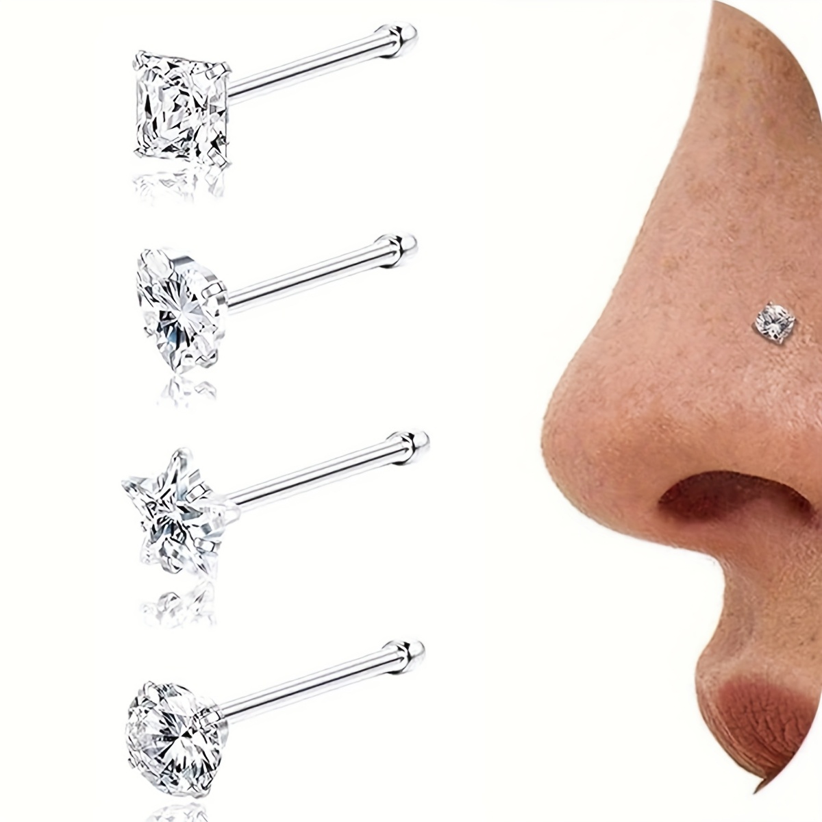 E-shop 4er-Set 20G Nasenring-Stifte für Frauen, hypoallergen, chirurgisch, 304 Edelstahl, Nasenpiercing-Schmuck, Nasenringe, Nasenstifte,