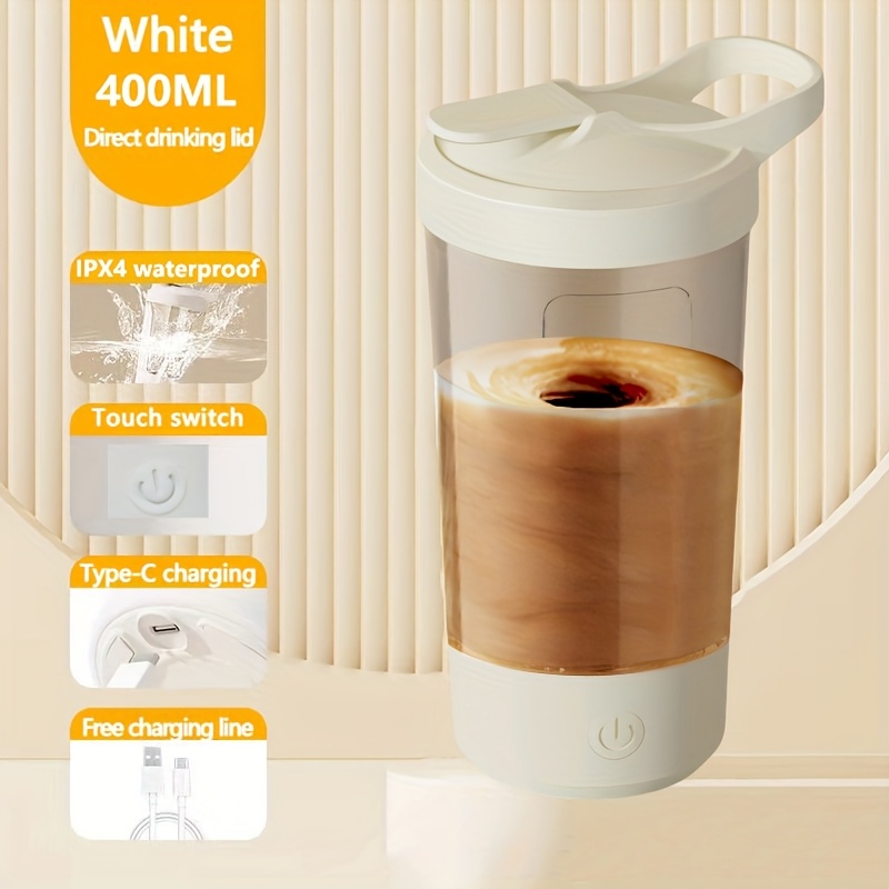 1pc 400ml portable rechargeable electric stirring cup automatic self stirring mug electric mixing cup with sports cup rotating design for indoor and outdoor activities ideal for hot chocolate milk latte coffee and protein powder white 10