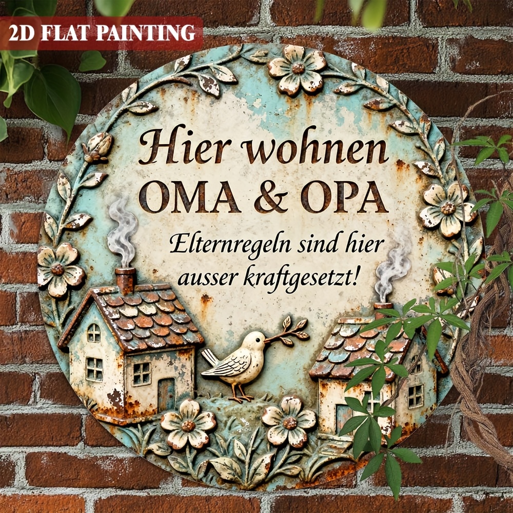 E-shop 2D Flach, 1 Stück Vintage Deutsches "Omas & Opas - Elterliche Regeln Aufgehoben" Aluminium Wandschild - 20,32x20,32cm Runde Deutsche Text " "