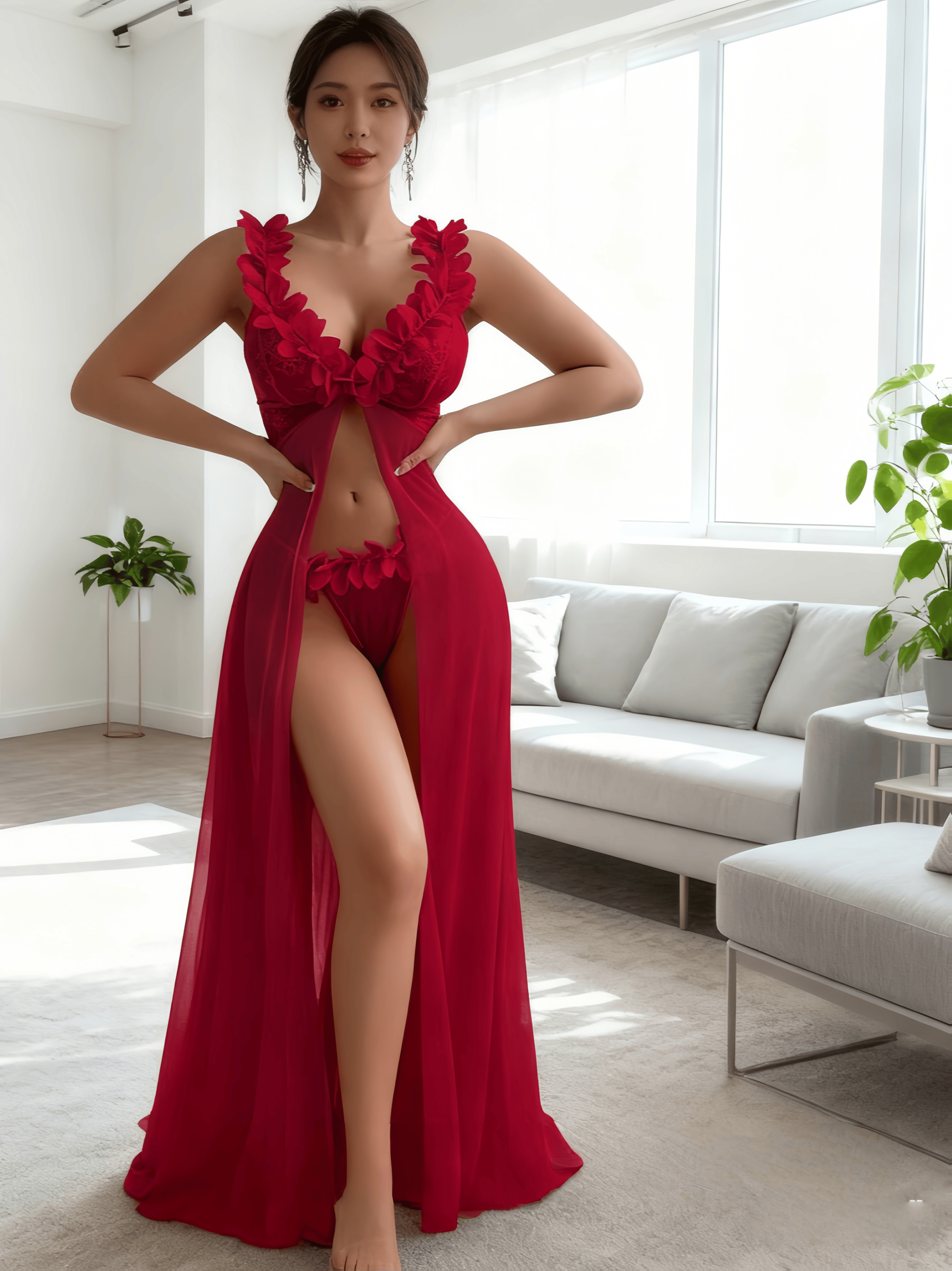 2 pack teddies lingerie for women   lace sleepwear set with g string matching panties deep v neck contrast lace details solid color   pajama sets for adult Product details 1