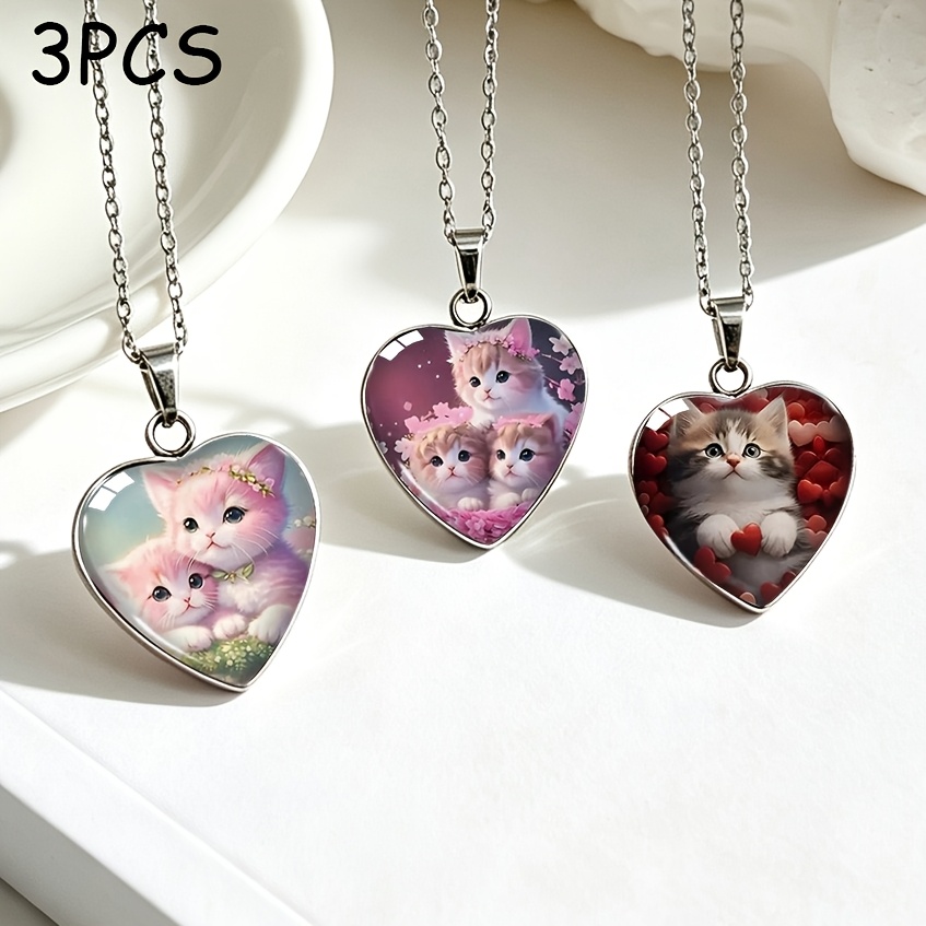 TEMU 3pcs Set Of Heart-shaped Stainless Steel Water Drop Necklaces, Soft Pink Kitten Watercolor Heart Glass Pendant Clavicle Chain Set