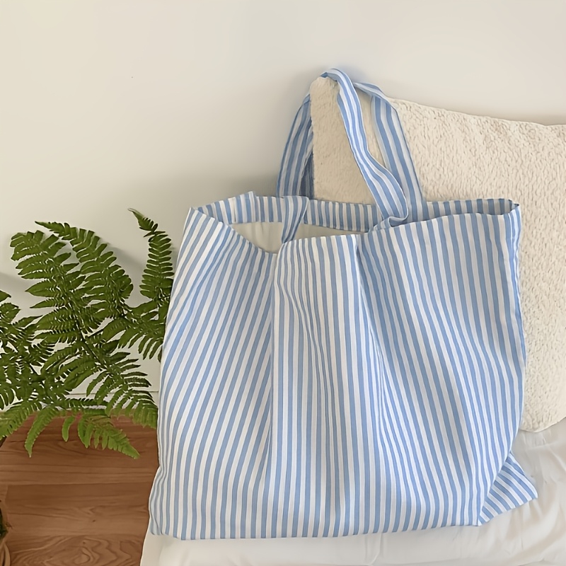 Image of Tote Bag-large Capacity Striped Tote Bag, 3-color Aesthetic Pastel Shoulder Bag For School College, Durable Material、versatile Single Shoulder Style. Cute Preppy Daily Work Shopping Bag.gifts