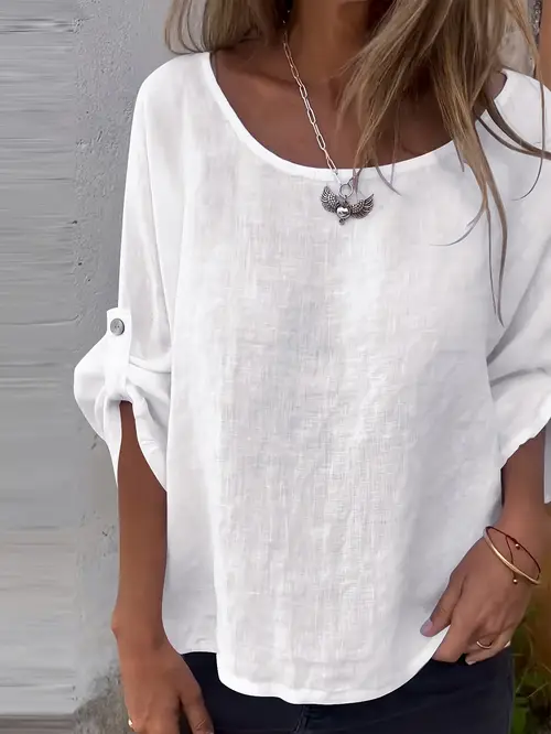 womens elegant round neck directional button shirt solid color long sleeve blouse with button detail machine washable non stretch fabric for autumn winter versatile casual formal wear winter clothing sophisticated fashion