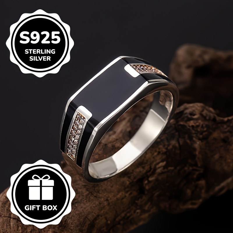 Image of 1pc S925 Silvery Exquisite Trendy Men's Ring, Inlaid With Synthetic Synthetic Cubic Zirconiaia, Unisex High-quality Jewelry, Suitable For Holiday Parties