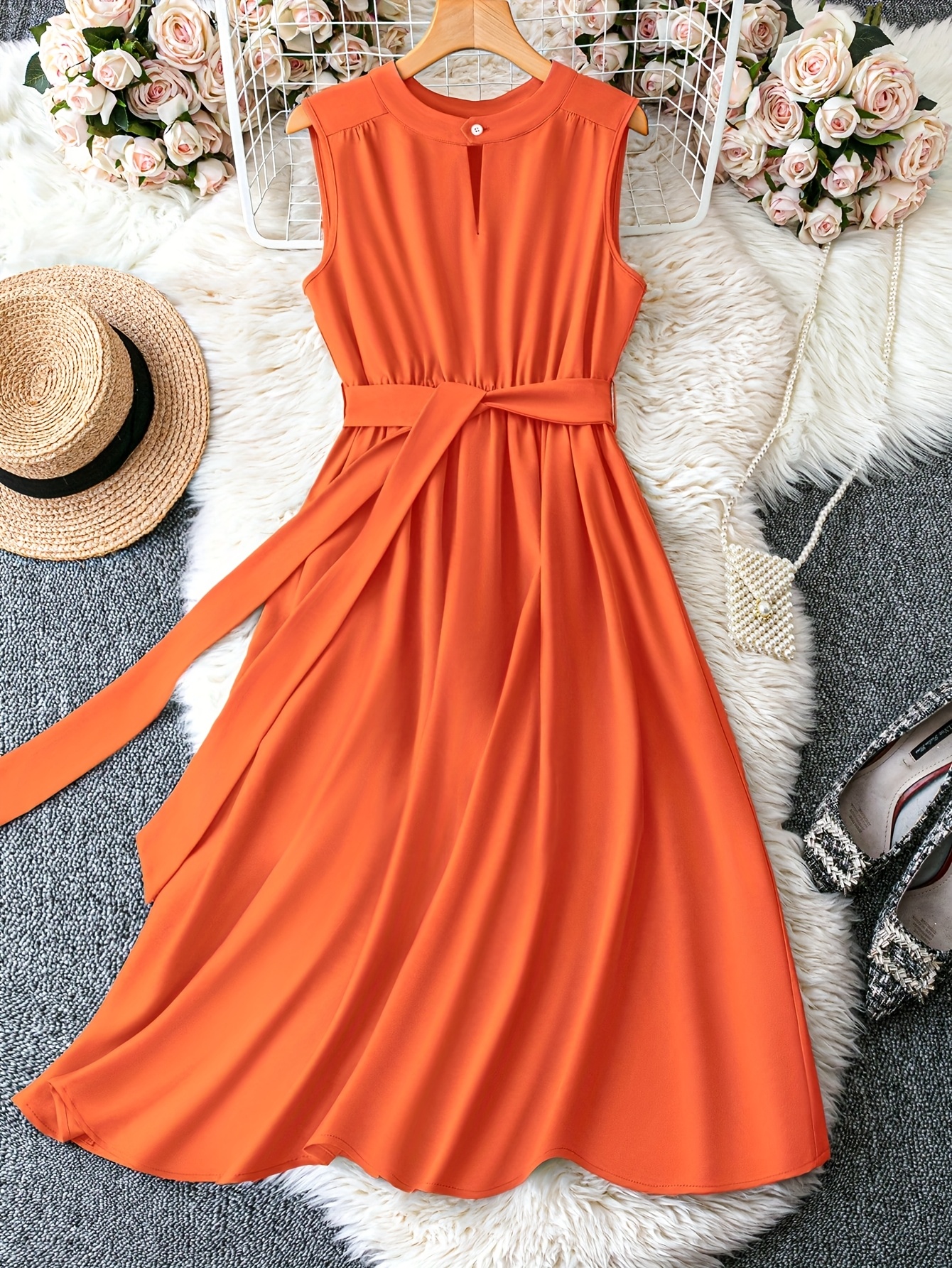 womens vibrant orange sleeveless midi dress keyhole neckline