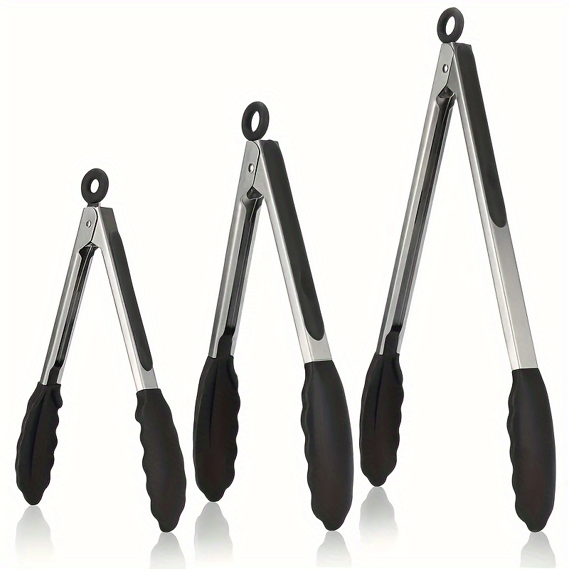

Heavy-duty Stainless Steel Kitchen Tongs With Silicone Tips - High Heat Resistant, Locking Design For Secure Grip, 7", 9", 12" Sizes Available, Black