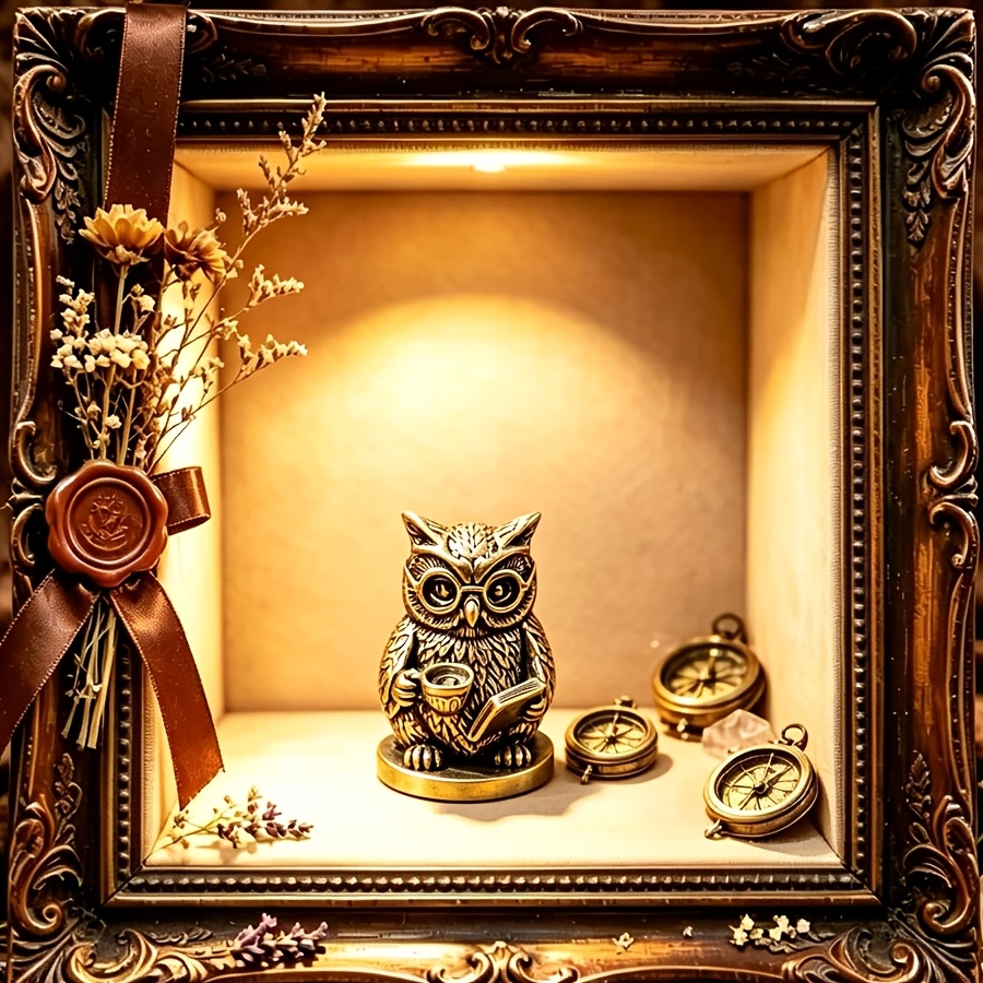 TEMU Retro Brass Owl Document Holder, Exquisite 3d Relief Craft, Glasses And Coffee Cup Creative Sculpture, Study Desk Decoration, Literary Niche