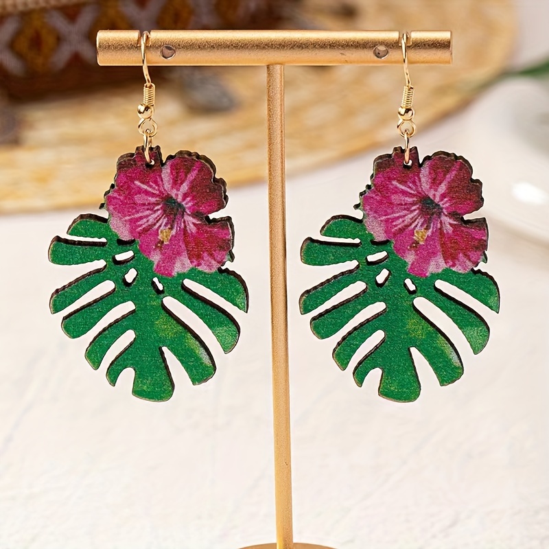 

Tropical Leaf & Flower Design Wooden Earrings, Elegant And Minimalist Style, Fashion Accessory For Women, Spring Summer Jewelry