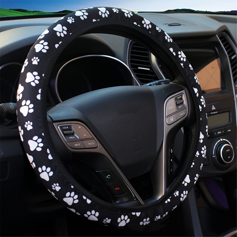 

Universal Fit Cover| Paw Print Car Steering Wheel Cover - Non-slip, Polyester Grip Protector, Black With For All Vehicles