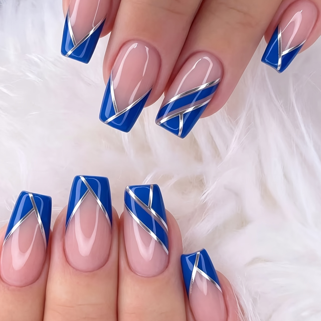 TEMU 24pcs Ongles Translucides Bleu Biais Ligne Française Argentée Patchwork Portables Faciles Premium Amovibles Nail Art