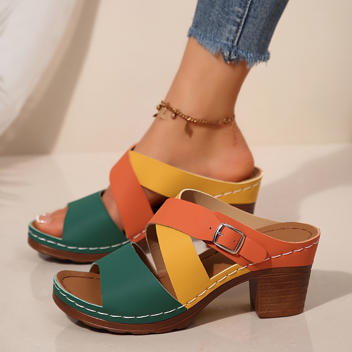 Women'S 2025 Summer Fashionable Wedge Sandals - Comfortable, Slip-On Platform Shoes with Colorful Straps, Synthetic Upper, TPR Sole, Low Heel, Casual Footwear|Colorful Strap Sandals|Synthetic Shoes