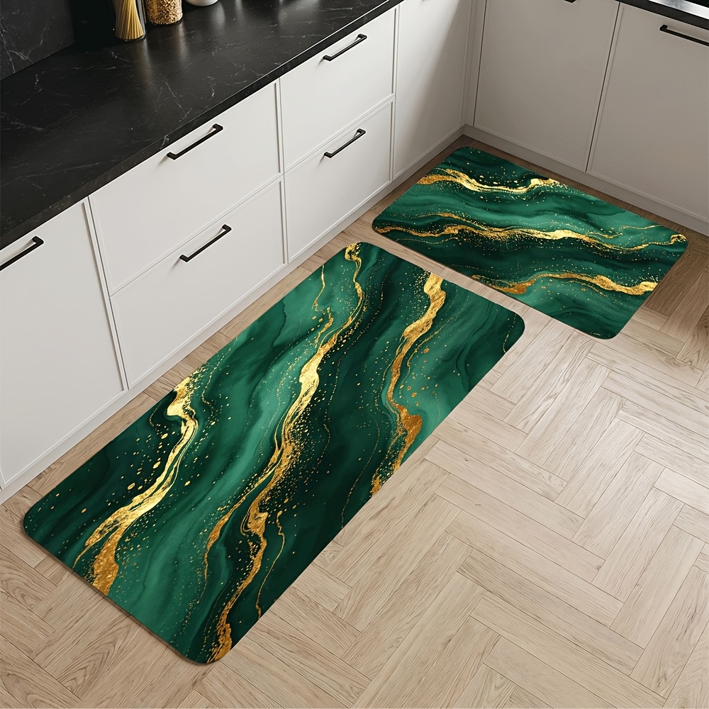 TEMU 1pc Emerald Green Golden Glitter Marble Rug Suitable For Living Room, Bedroom, Kitchen, Bathroom - Non-slip Machine Washable With Sparkling