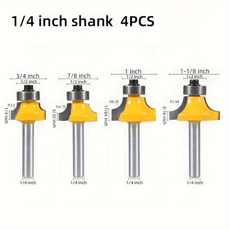 

4pcs 1/4 Shank Corner Round Over Router Bits With Bearings For Woodworking - Carbide Milling