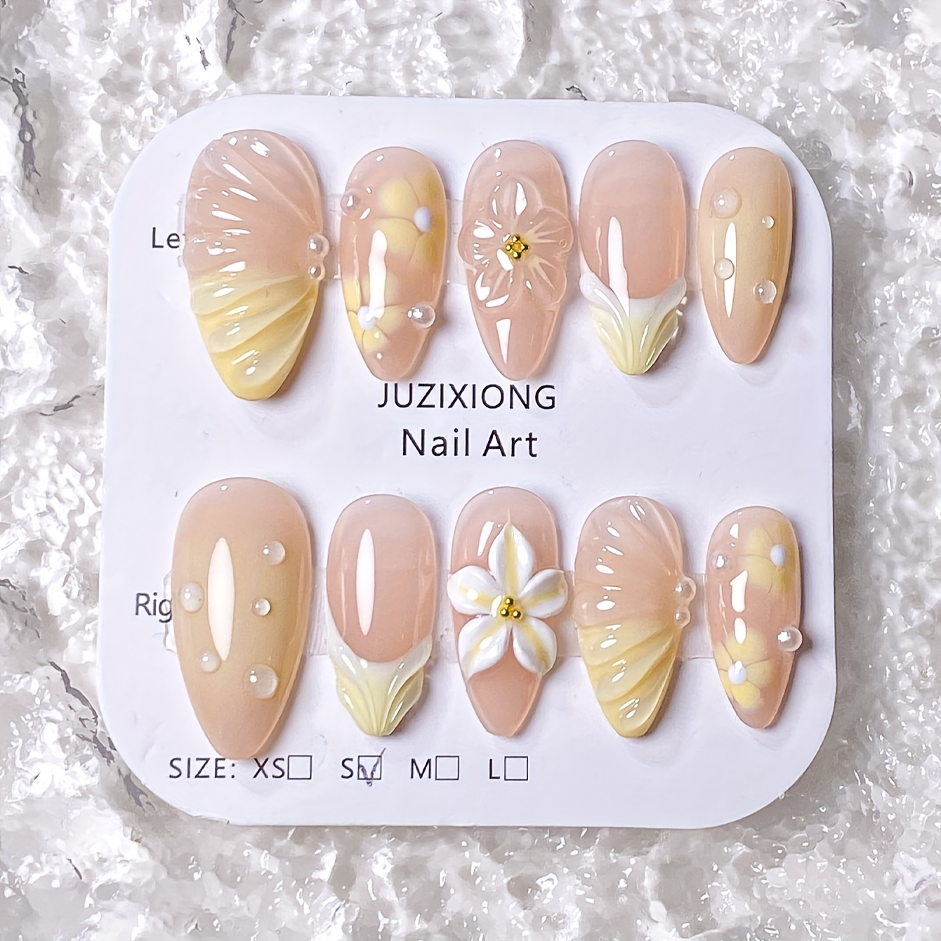 E-shop 10 Stück handgemachte Mandel-Press-On-Nägel, Gelb-Weiß-Gradient, Französischer Gelb-Gradient, Rouge-Halo-Färbung, Blumenlinienzeichnung,