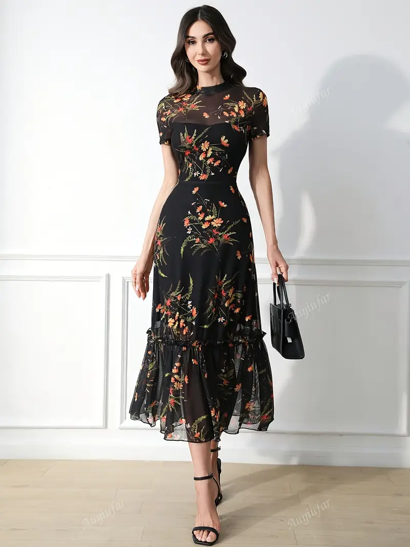Print Mesh Midi Dress for Women - Fitted Waist with Wave Hem & Breathable Short Sleeves, Spring/Summer Casual to Semi-Formal Wear, Medium Stretch Fabric Print Mesh Midi Dress for Women - Fitted Waist with Wave Hem & Breathable Short Sleeves, Spring/Summer Casual to Semi-Formal Wear, Medium Stretch Fabric