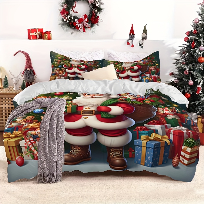 TEMU 3pcs Christmas Duvet Cover Set, Santa Claus And Pattern Printed Duvet Cover And Pillowcases, Breathable Polyester Fiber, Machine Washable -