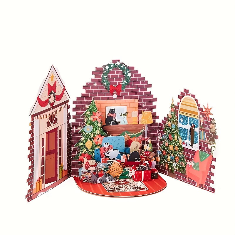 TEMU 1pc Hand--up Christmas Card - Interactive Cat Party Scene With Cats, Presents & Garland - Maroon House - Elegant Holiday Greeting Card For