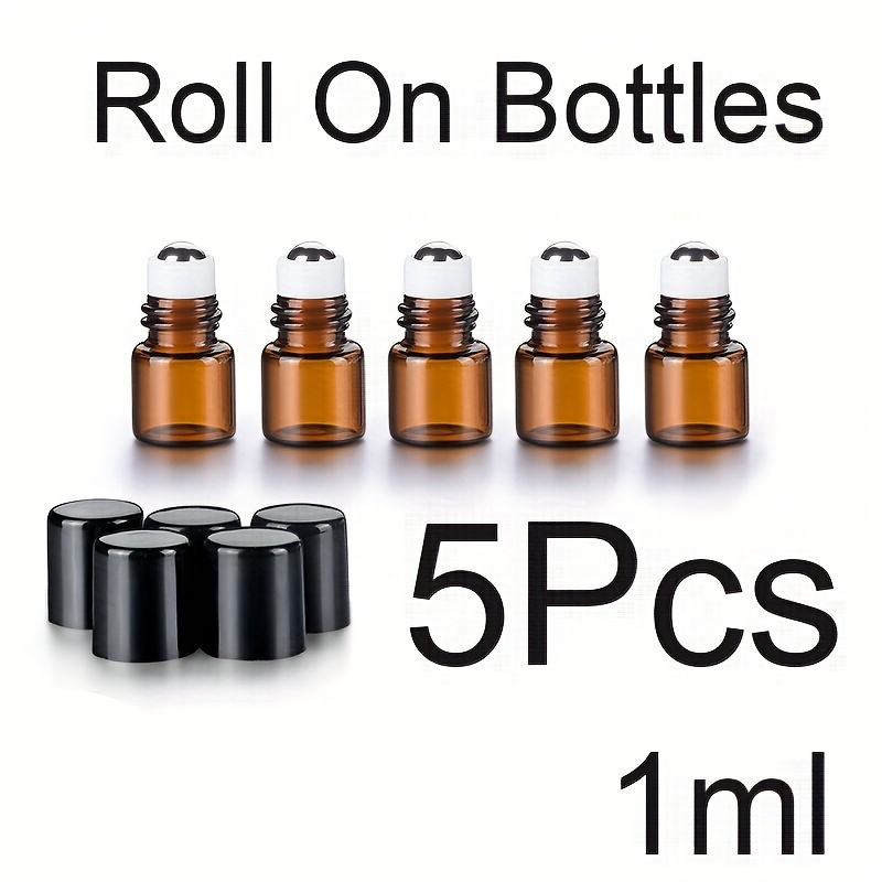 

Ensemble de 5 flacons en verre de 1 ml avec billes en acier inoxydable pour huiles essentielles, parfum - Contenants en verre durables et rechargeables huile