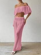 2 piezas conjunto top cortos volantes, de bambú y pantalones casuales para mujer, estilo , ropa
