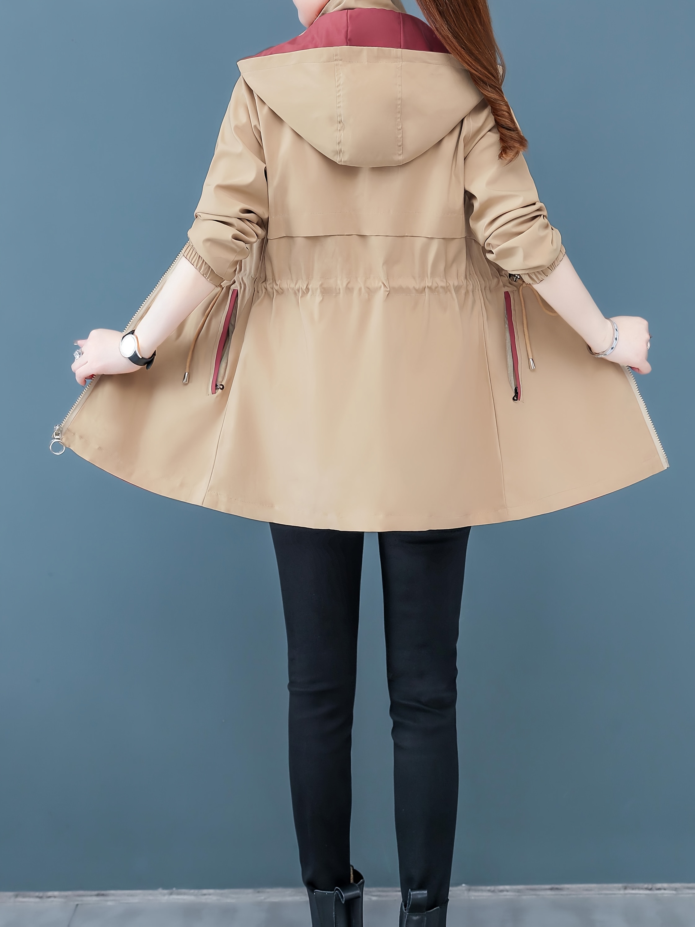 Abrigo Tipo Trench con Capucha Reversible para Mujer - Chaqueta Ajustada y Casual con Bolsillos Cremallados, Uso Doble Cara, Beige y Granate, Poliéster Ligero para Primavera/Otoño - Imagen 6