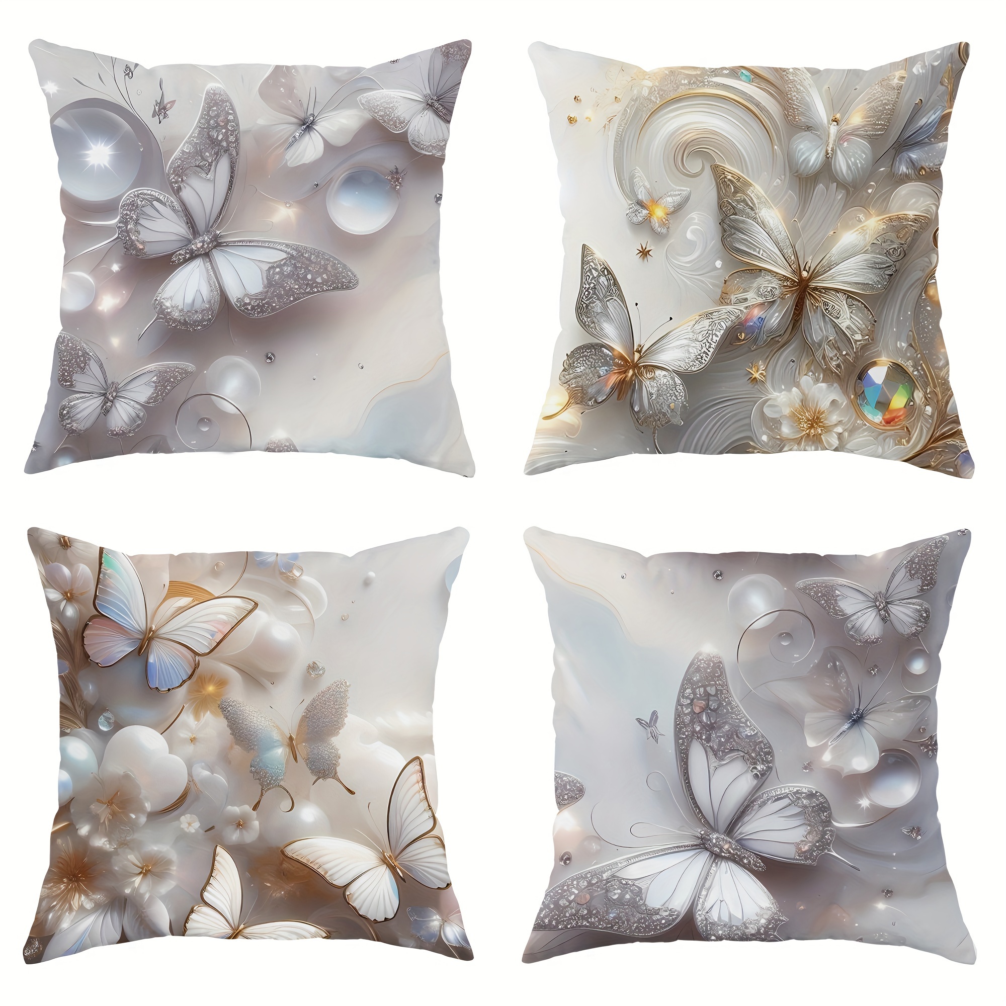 

4-piece Set Contemporary Butterfly & Blossom Velvet Throw Pillow Covers - Metallic Touches, 18x18 Inches - Ideal For Living Room & Bedroom Enhancement