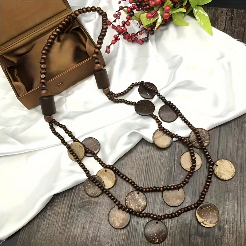 

1pc, Women's Bohemian-inspired Vintage Wood Bead Necklace, Long Sweater Chain, Versatile For Casual Wear, Parties, Travel, Birthday Present.