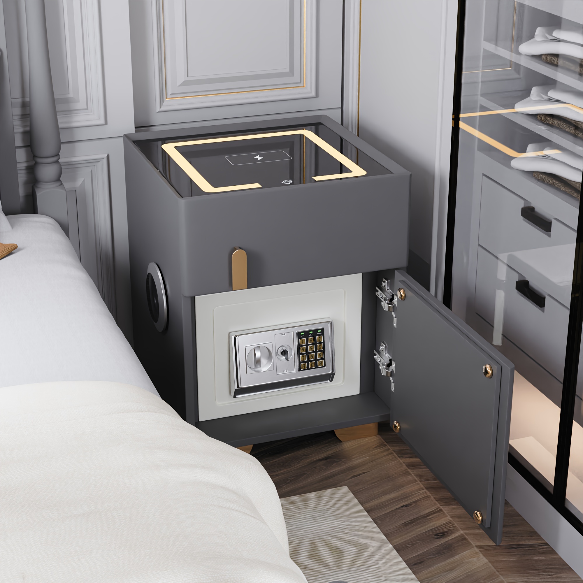 Light Luxury High-end Modern Double Drawer Safe Bedside Table, Multifunctional Bedside Table with Password Lock for Storing Valuable Items