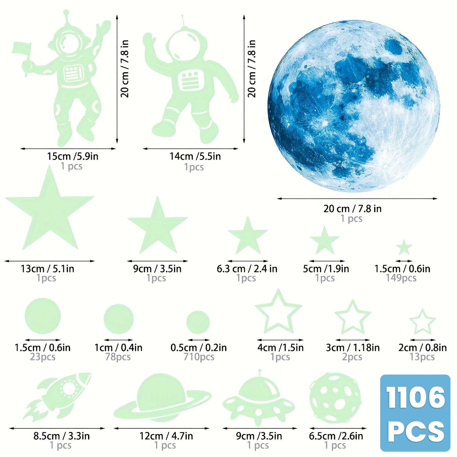 1106pcs Glow In The Dark Stars For Ceiling Glow In The And Space Wall Decals Luminous Astronaut Universe Planet Galaxy Wall Stickers Outer Space Decal For Bedroom Christmas Gift (sky Blue, Green)