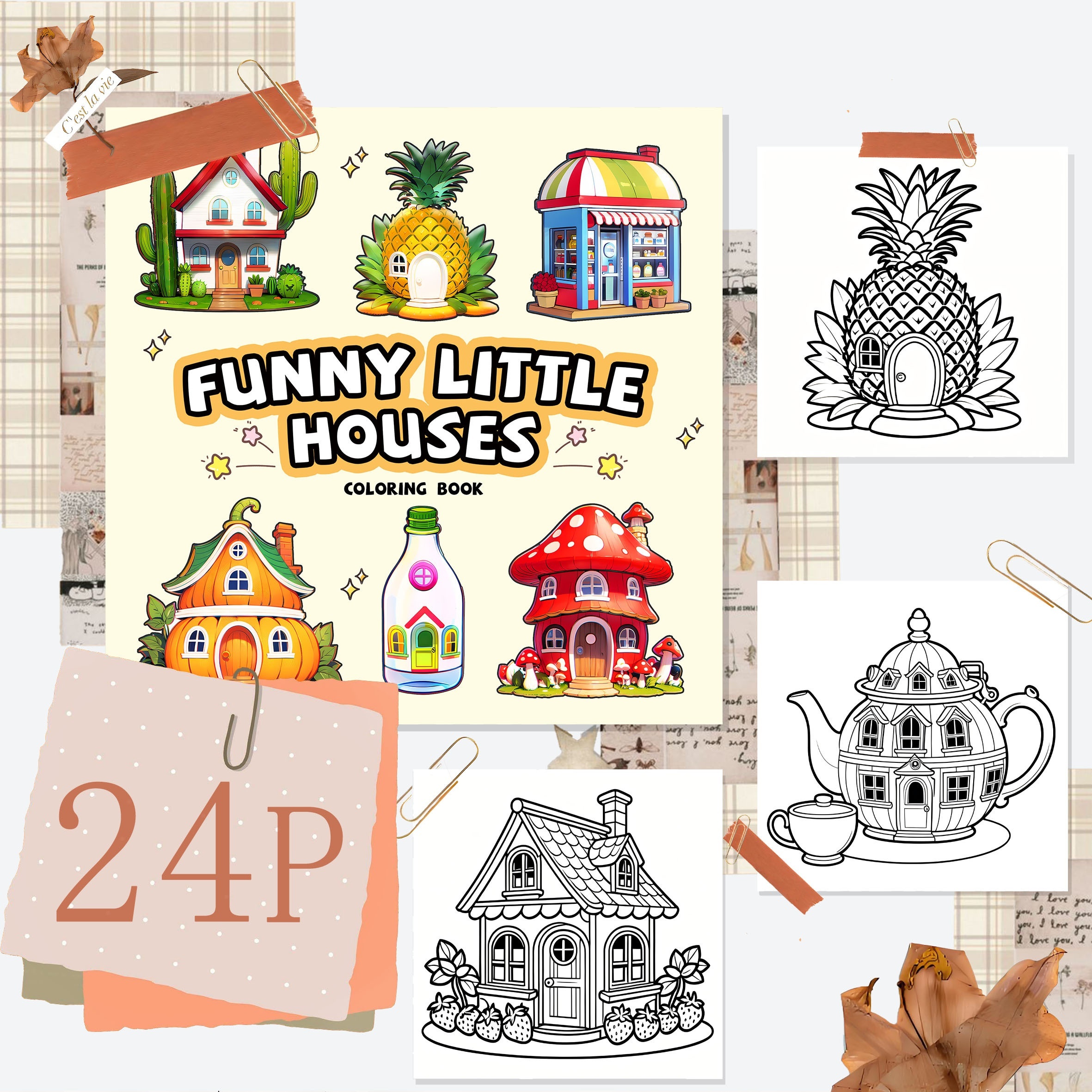 

24-page Single-sided Print, Funny Little Houses Coloring Book, Adult Coloring Activity, Perfect Gift For Christmas, Halloween, And Parties, Mixed Colors, Paper Material, Supplies