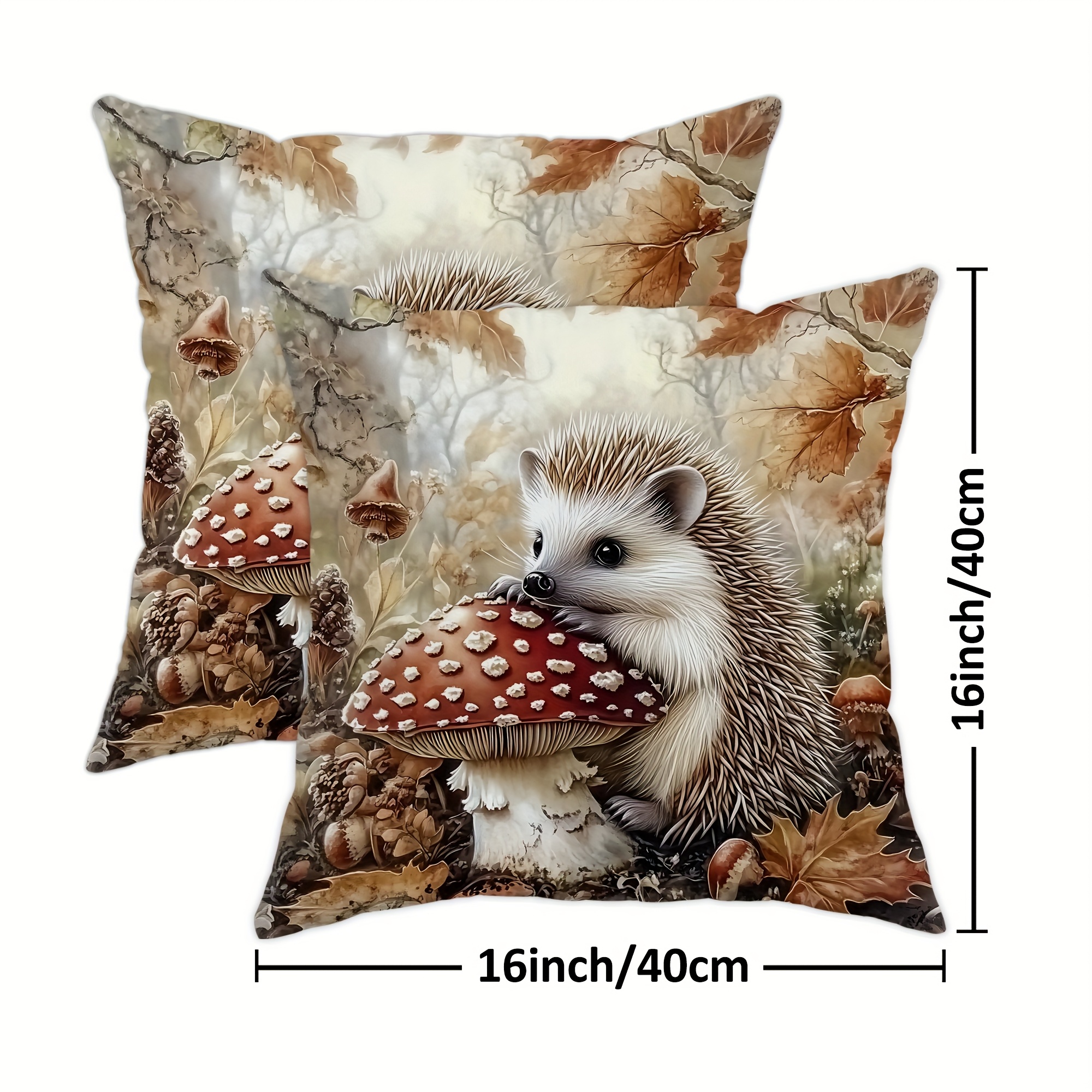 Image of Set Of 2 Pillow Covers Featuring A Tale Style With Hedgehogs, Mushrooms, And Forest Themes. Soft And Comfortable Pillow Covers Are Perfect For Decorating Your Home, Living Room, Bedroom